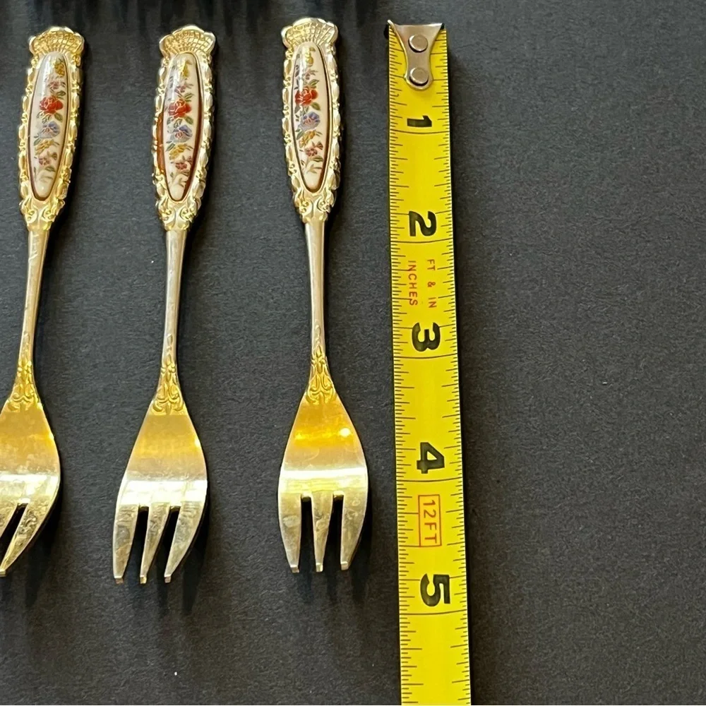 Demitasse Fork Set Porcelain Floral Handle Japan Gold Tone Appetizer Tea Set 11x